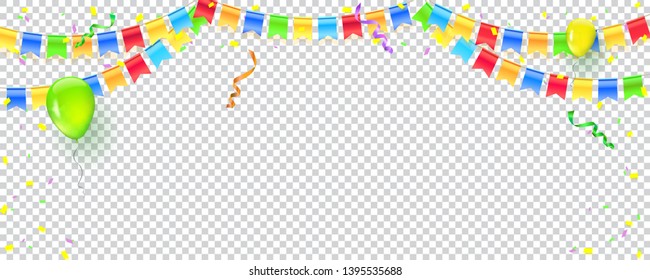 Banner with streamers, confetti and garlands of multi colored hanging flags. Vector checkered background for birthday, carnival, celebration, anniversary and holiday party. Explode of confetti