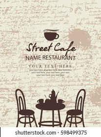 Banner for a street cafe with furniture on the background of the manuscript with blots