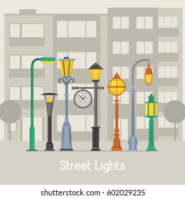 Banner with street lamps and park lanterns concept illustration. Different lamposts, lamp poles and city lightings on modern city background.