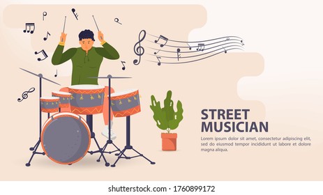 Banner, street musician, Man playing drums and cymbals, musical notes, flat vector illustration cartoon