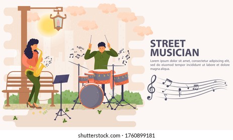 Banner, street musician, Man playing drums and woman playing saxophone, flat vector illustration cartoon