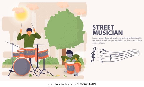 Banner, street musician, Man playing saxophone woman playing flute, musical notes, flat vector illustration cartoon