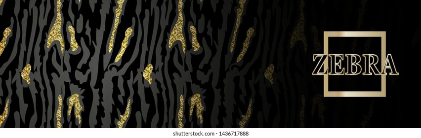 Banner with stripes of zebra, tiger and gold sparkles.