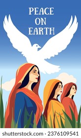 Banner of strong mother women. Israel stand together in a field against a background of blue sky and dove. World peace, strong people. Vector concept for freedom independence and unity without war