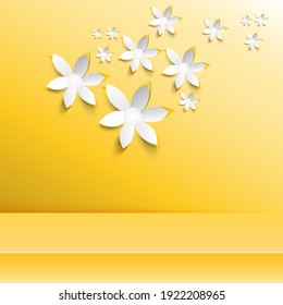Banner studio table room product display with copy space.Abstract minimal mock up scene Yellow background with paper origami flowers. Spring and summer time. Banner background for advertise product.