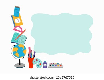 Banner of study, education supplies. Frame, border. Stationery, study, school supplies. Place for text, information banner.