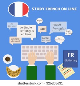 Banner study french on-line with next phrases Where are you from, I study french on-line, Hello, Great, Do you speak french, How are you, How old are you, 
what do we do, i live in Paris.