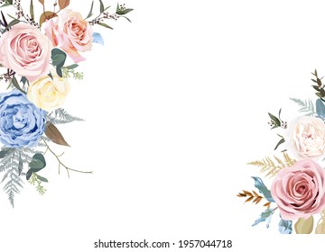 Banner style floral beige frame arranged from leaves and flowers. Dusty pink and blush rose, pastel blue ranunculus, fern, dry plants, eucalyptus vector design card. Elements are solated and editable