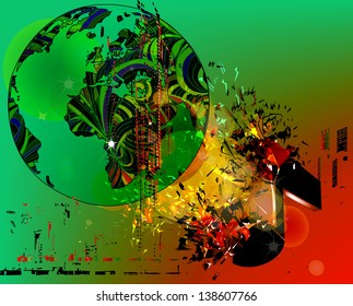 Banner in style Grunge with an ink drop, Mother Earth, music, the note with copy space. An abstract background for the party and the sun