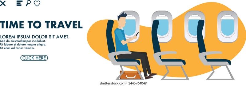 Banner style of the interior view of the cabin inside airplane with a man while typing on mobile phone by plane's window  and copy space for text- time to travel
