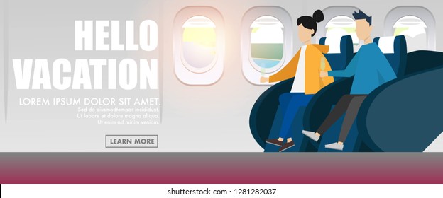 Banner style interior view inside the plane/ airplane cabin in business class with text Hello Vacation for website internet banner, wallpaper,background