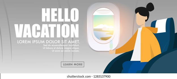 Banner style interior view inside the plane/ airplane cabin in business class with text Hello Vacation for website internet banner, wallpaper,background