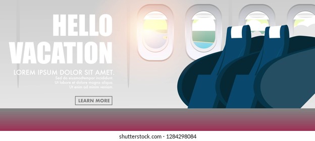 Banner style interior view inside the plane/ airplane cabin in business class with text Hello Vacation for website internet banner, wallpaper,background