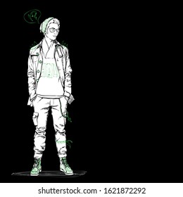 Banner with stylish boy iblack background. Vector collection.
