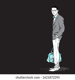 Banner with stylish boy iblack background. Vector collection.