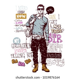 Banner with stylish boy in sketch style and text. Vector collection.