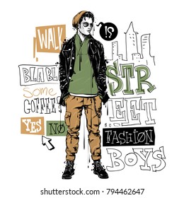 Banner with stylish boy in sketch style and text. Vector collection.