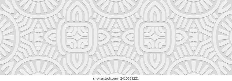 Banner, diseño elegante de la cubierta. Patrón 3D geométrico de origen étnico tribal con relieve sobre fondo blanco. Arte decorativo ornamental de Oriente, Asia, India, México, Azteca, Perú.