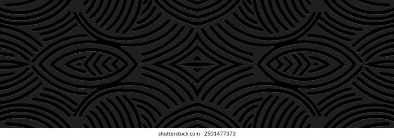 Banner, stylish cover design. Relief geometric ethnic linear 3D pattern on a black background. Ornaments, arabesques, handmade. Exotic motifs of the East, Asia, India, Mexico, Aztec, Peru.