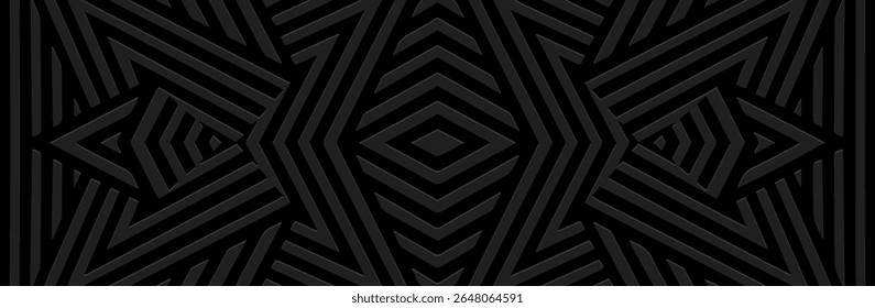 Banner, stylish cover design, wallpaper. Geometric ethnic linear pattern on a black background, embossing. 3D relief ornaments, arabesques, mandala, fresco, painting of the East, Asia, India, Mexico.