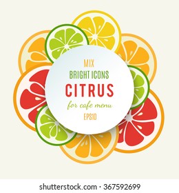 Banner with stylized citrus fruit and splashes. Grapefruit, lime, lemon and orange. Citrus mix isolated on white background can be used for cafe menu design. Bright stylish juicy icon design. Vector