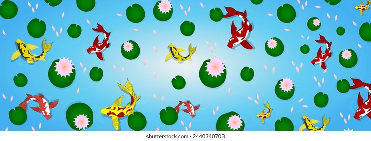 Banner with stylized koi fish in water and water lilies.