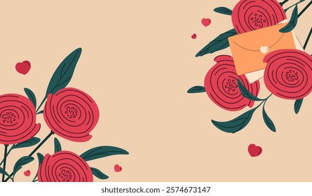 A banner with stylized red flowers and an envelope with hearts around it on a flat surface for Valentine's Day decoration. A horizontal banner for greetings or any decoration for Valentine's Day