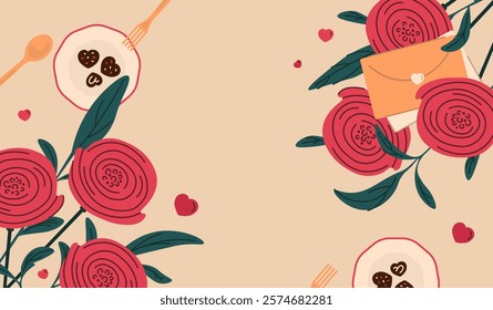 A banner with stylized red flowers and plates with chocolate candies, an envelope with hearts around it on a flat surface for Valentine's Day decoration. A horizontal banner for Valentine's Day