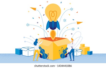 Banner Successful Launch New Idea Cartoon Flat. Incandescent in Form Rocket Takes off from Large Box. Man and Woman Rejoice at Launch New Successful Idea or Project. Vector Illustration.