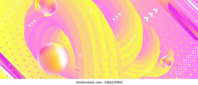 Banner summer 3d geometric template illustration bright vector new abstract background in retro poster design yellow pink white art