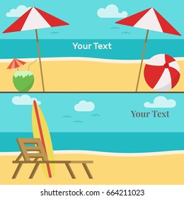 Banner summer, beach, sun beds, umbrellas for the sun, the ball , flat vector illustration