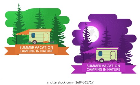 Banner, for summer camping design, two labels day and night emblem, tourist house on wheels, vector flat illustration