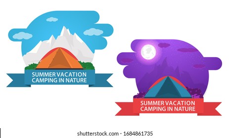 Banner, for summer camping design, two labels day and night emblem, tourist tent, vector flat illustration