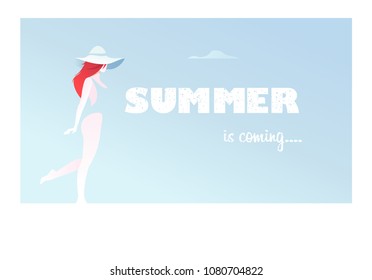 Banner summer is coming, the woman on an abstract background in a swimsuit and hat. Flat composition, card. Graphic vector illustration.