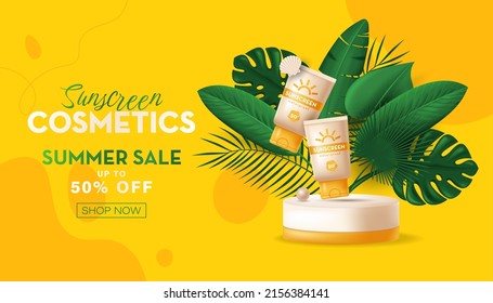 Banner with Summer cosmetic product on podium, tropical leaves. Vector 3D realistic illustration
