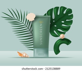 Banner with Summer cosmetic product, tropical leaves, shells. Vector 3D realistic illustration