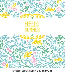 banner for summer with doodle leaves and flowers, vector illustration