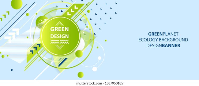 Banner summer ecology poster triangle vector futuristic light minimal geometric hipster blue background. Green and yellow lines and points natural