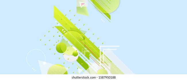 Banner summer ecology poster triangle vector futuristic light minimal geometric hipster blue background. Green and yellow lines and points natural