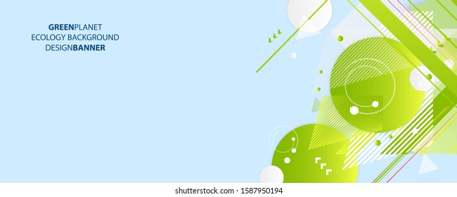 Banner summer ecology poster triangle vector futuristic light minimal geometric hipster blue background. Green and yellow lines and points natural
