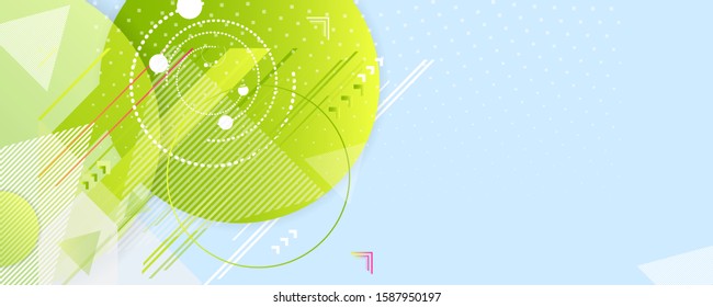 Banner summer ecology poster triangle vector futuristic light minimal geometric hipster blue background. Green and yellow lines and points natural