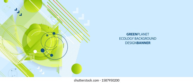 Banner summer ecology poster triangle vector futuristic light minimal geometric hipster blue background. Green and yellow lines and points natural
