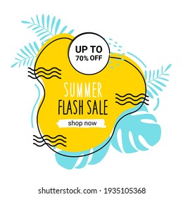 Banner Of The Summer Flash Sale. Isolated On White. Seasonal Yellow Banner With Tropical Leaves. With A 70 Percent Discount.