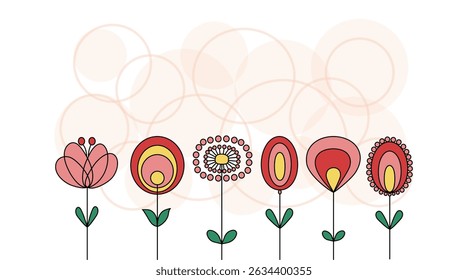 Banner summer. Flower border, plants, drawings, doodle. Abstract color background, flowers, leaves. Illustration, isolated background.