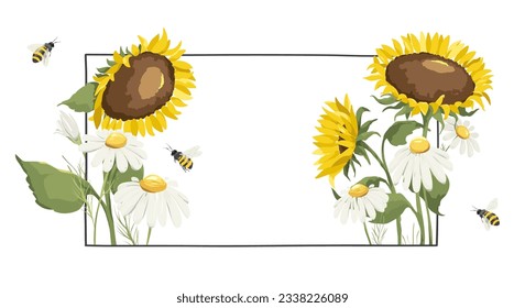 Cartel con flores de verano. Ilustración del festival de cumpleaños, boda o cosecha. Marco vectorial con girasoles y chamóiles, prado de flores. EPS 10.	