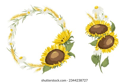 Banner with summer flowers. Birthday, Wedding or harvest festival illustration. Set of vector design elements, sunflower, chamomile and ears, flower meadow.