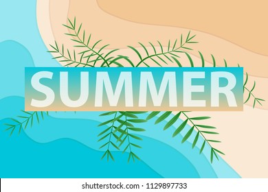 Banner Summer. Inscription Summer against the background of the sea and sand with palm leaves. Flat design, vector illustration, vector.