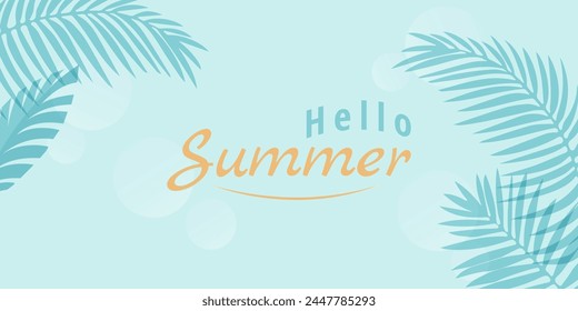 Banner for summer party, sale in trendy bright colors with tropical leaves. Tropical background with lettering and palm leaves.