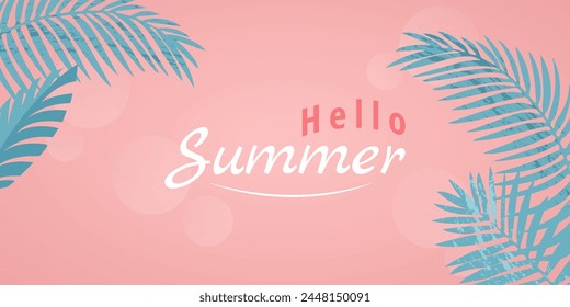 Anuncio para fiesta de verano, venta en colores de moda rosa brillante y azul con hojas tropicales. Fondo tropical con letras y hojas de palma. Ilustración vectorial