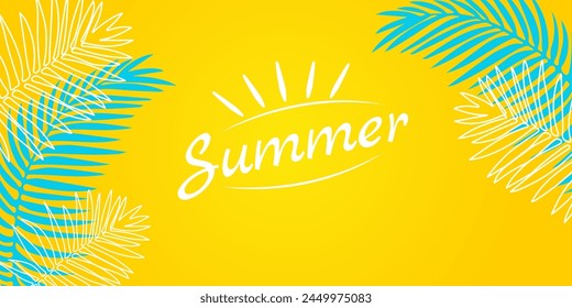 Banner for summer party, sale in trendy bright yellow and green colors with tropical leaves. Tropical background with lettering and palm leaves. Vector illustration